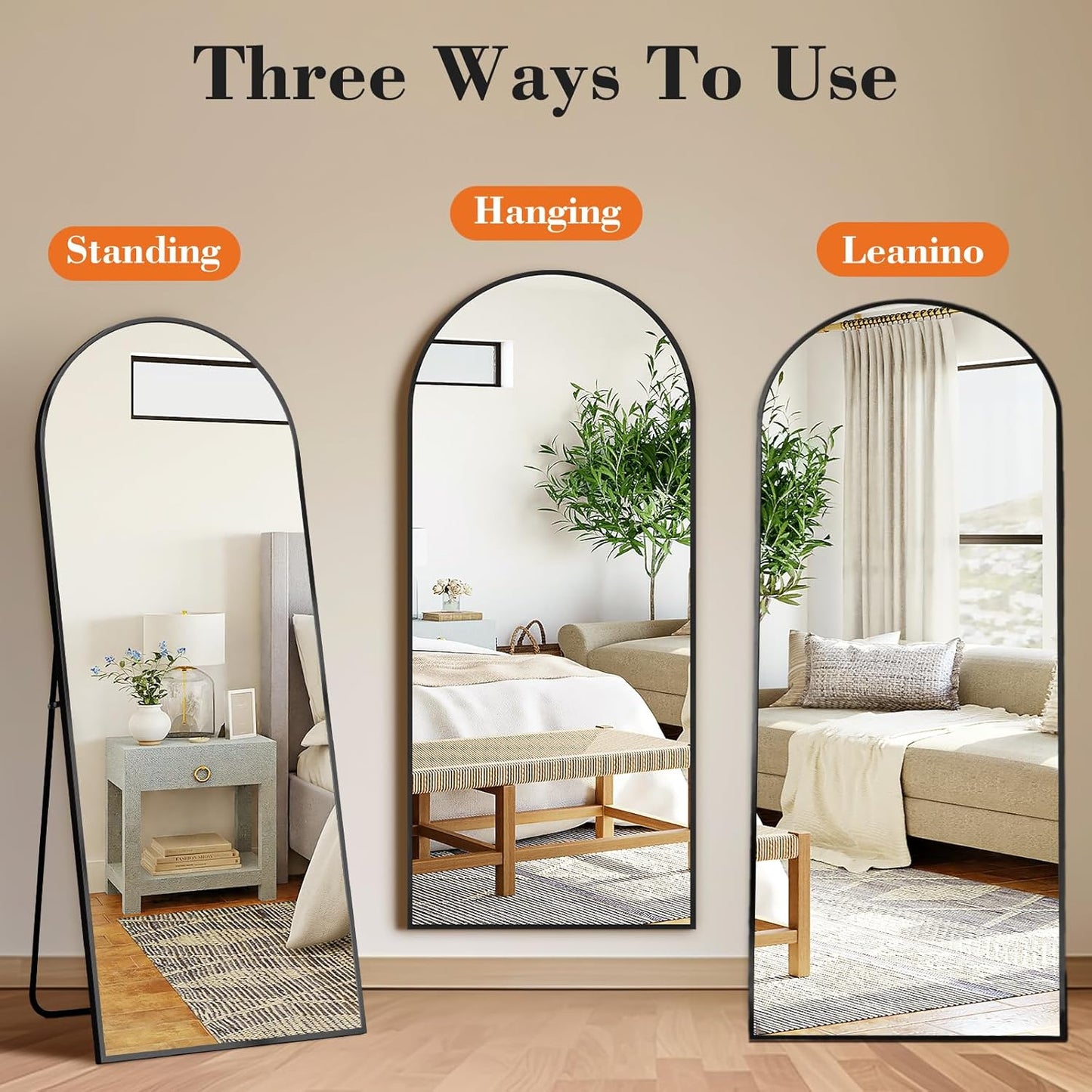 Arched Full Length Mirror with Stand 64"x21" Floor Standing Aluminum Frame for Bedroom Body Hanging