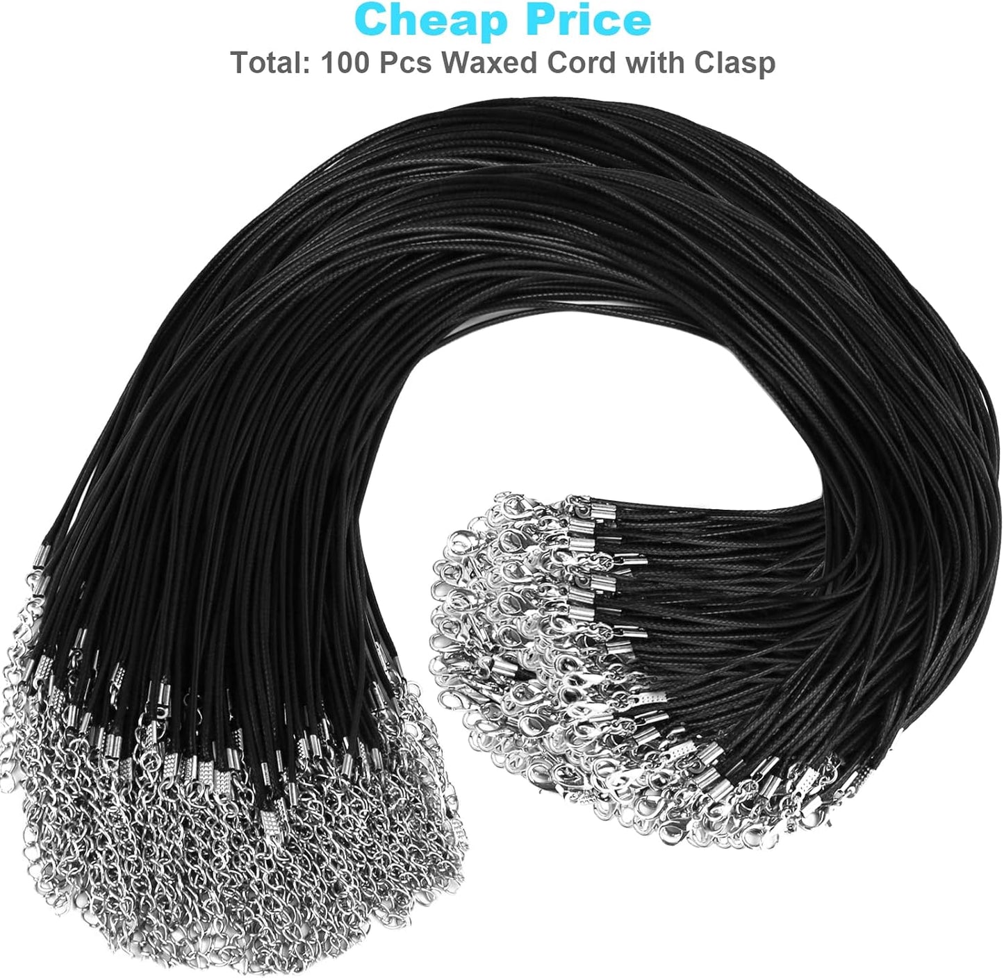 "100Pcs Premium Leather Necklace Chains, 1.5mm Waxed Rope Cord with Clasps for Jewelry Making, Bulk Pendant String Black 18", DIY Craft Supplies,