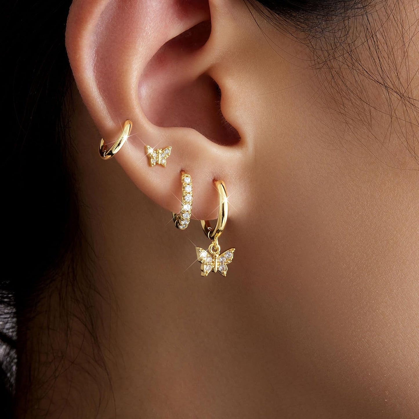 Small Gold Huggie Hoop Earrings Set for Women Men Hypoallergenic 14K Plated Stack Cartilage Earrings, Multiple Piercing