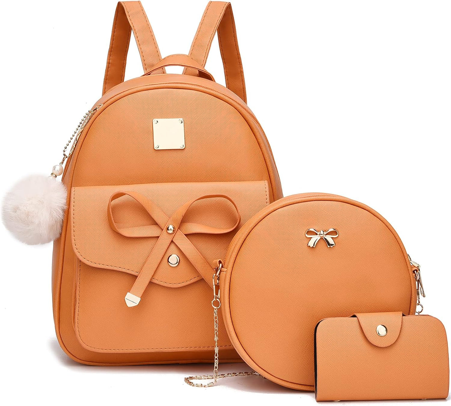3-Pieces Girls Bowknot Fahsion Leather Backpack Backpack Purse for Women Rucksack