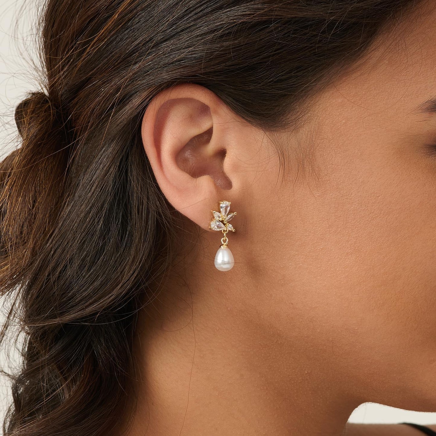 Pearl Earrings: 14k Gold-plated Cubic Zirconia Accented Pearl Drop Dangle Wedding Engagement Earrings For Women Bridal Bridesmaid