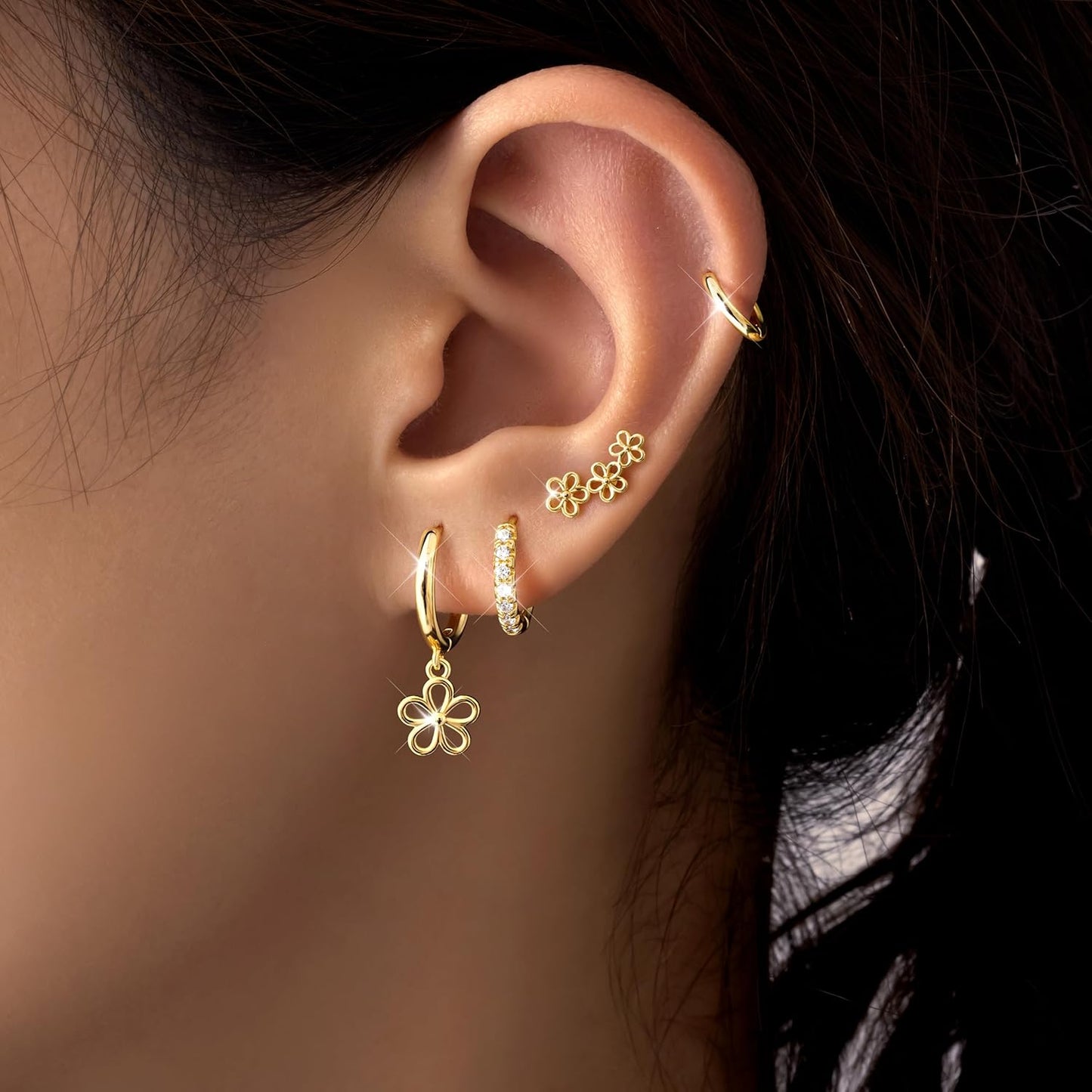 Small Gold Huggie Hoop Earrings Set for Women Men Hypoallergenic 14K Plated Stack Cartilage Earrings, Multiple Piercing