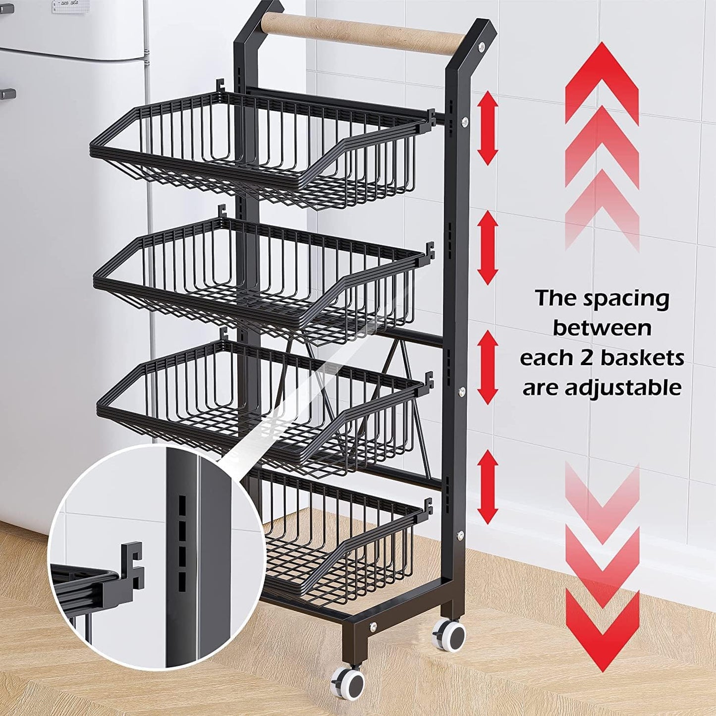 Snack Cart with Wheels 4-Tier Adjustable Fruit Rack Fruit Vegetable Basket Cart Metal  Utility Kitchen Cart