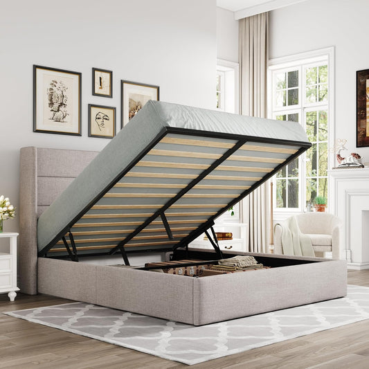 Full Size Lift Up Storage Bed, Modern Wingback Headboard, Hydraulic Support, No Box Spring Needed