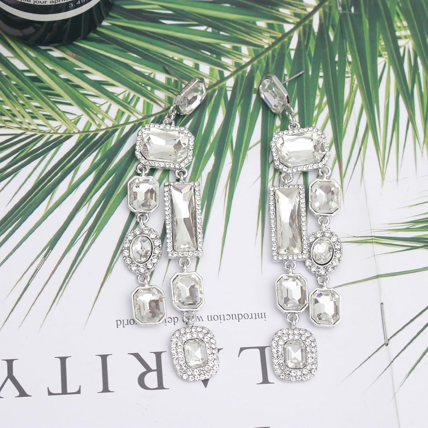 Vintage Rectangle Teardrop Chandelier Earrings, Art Deco Wedding Austrian Crystal Drop Dangle Earrings for Women Party Prom