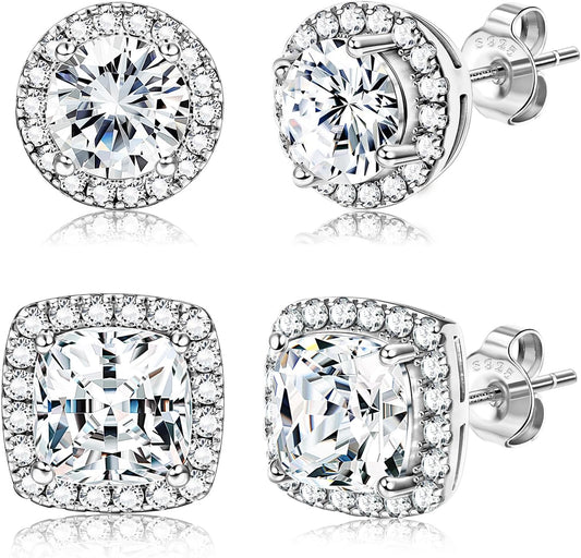 Hayoso 18K Gold Plated Halo Stud Earrings 925 Sterling Silver Cubic Zirconia Stud Earrings Round Square Diamonique Stud