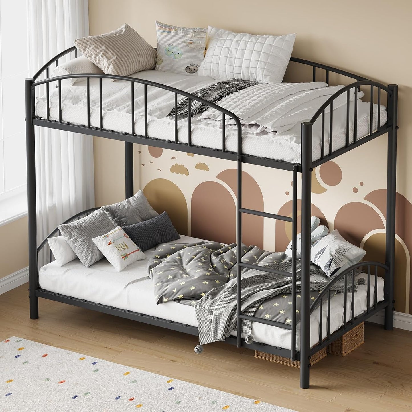 Metal Bunk Bed Twin Over Twin, Heavy Duty Bunkbeds Frame with Arched Guardrail and Safety Ladder, Sturdy Steel Bed for Kids Boys Girls, Space-Saving, No Box Spring Needed, Modern Black