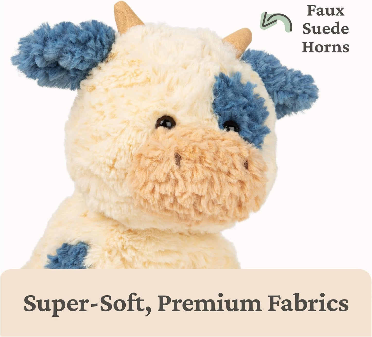 OMOMMD Cozys Collection Cow, Stuffed Animal for Ages 1 and Up, Spring Decor Plush Toy, Cream/Blue, 10”