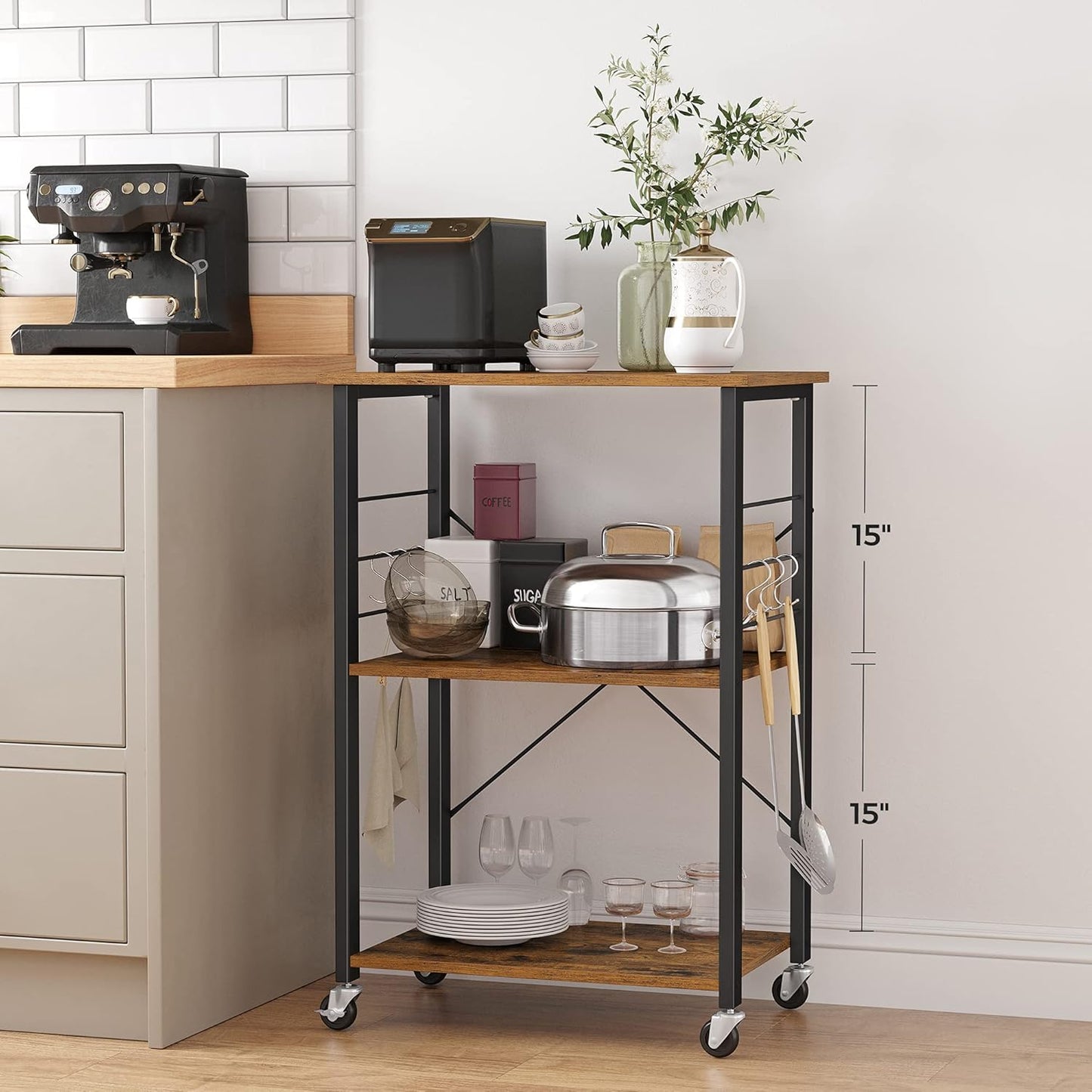 Kitchen Shelf on Wheels, Serving Cart with 3 Shelves,with 6 Hooks