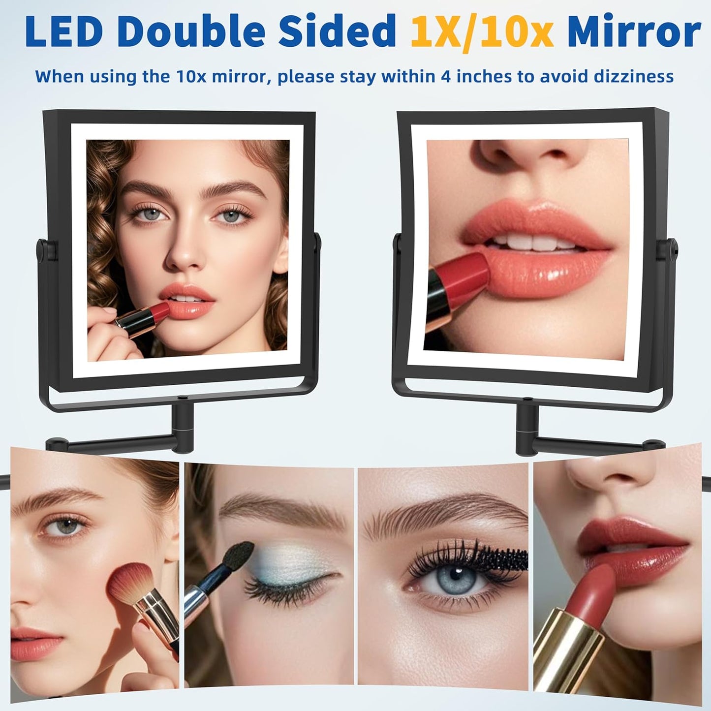 Rechargeable Wall Mounted Makeup Mirror Touch Screen Dimmable, 360° Rotation Extension Foldable Arm