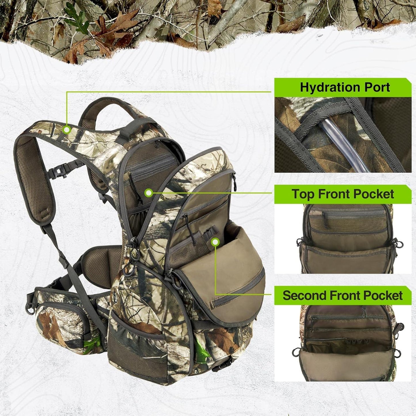 Hunting Backpack, Waterproof Camo Hunting Pack with Rain Cover, Long-Lasting Large Capacity