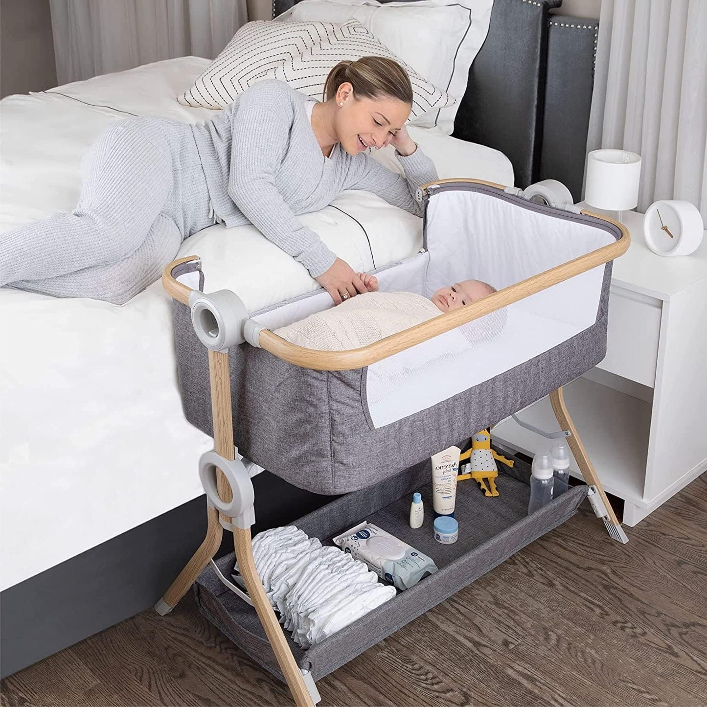 3 in 1 Bassinet, Bedside Sleeper, & Playpen, Easy Folding Portable Crib (Grey)