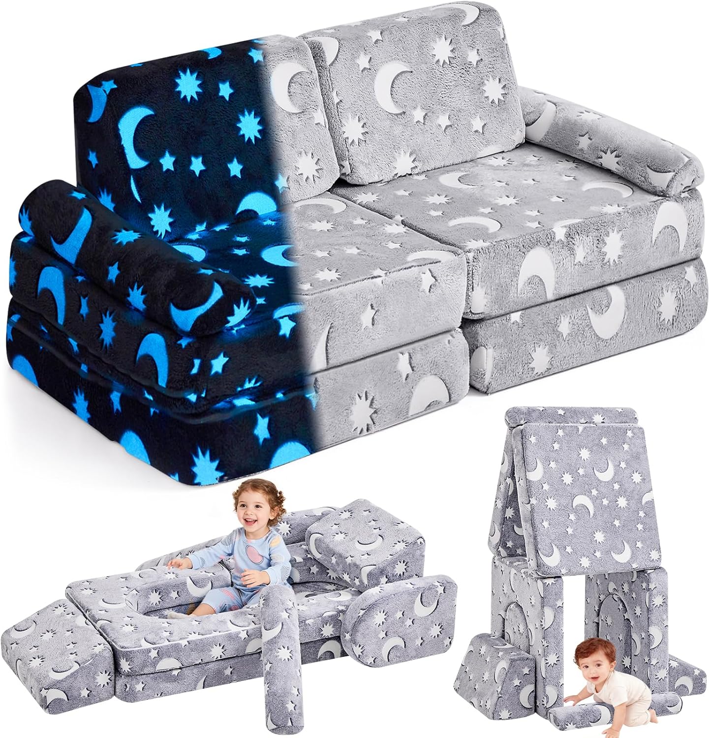 Modular Kids Sectional,Bedroom and Playroom Furniture,Convertible Foam and Floor Cushion ,Glow in The Dark