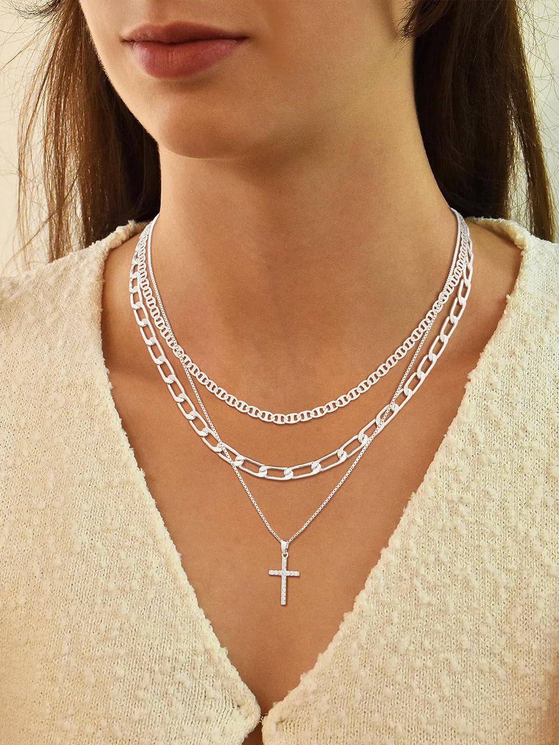 14K Gold/Silver Plated Layered Necklace Set - Cross/Coin/Pearl/Herringbone Stackable Gift