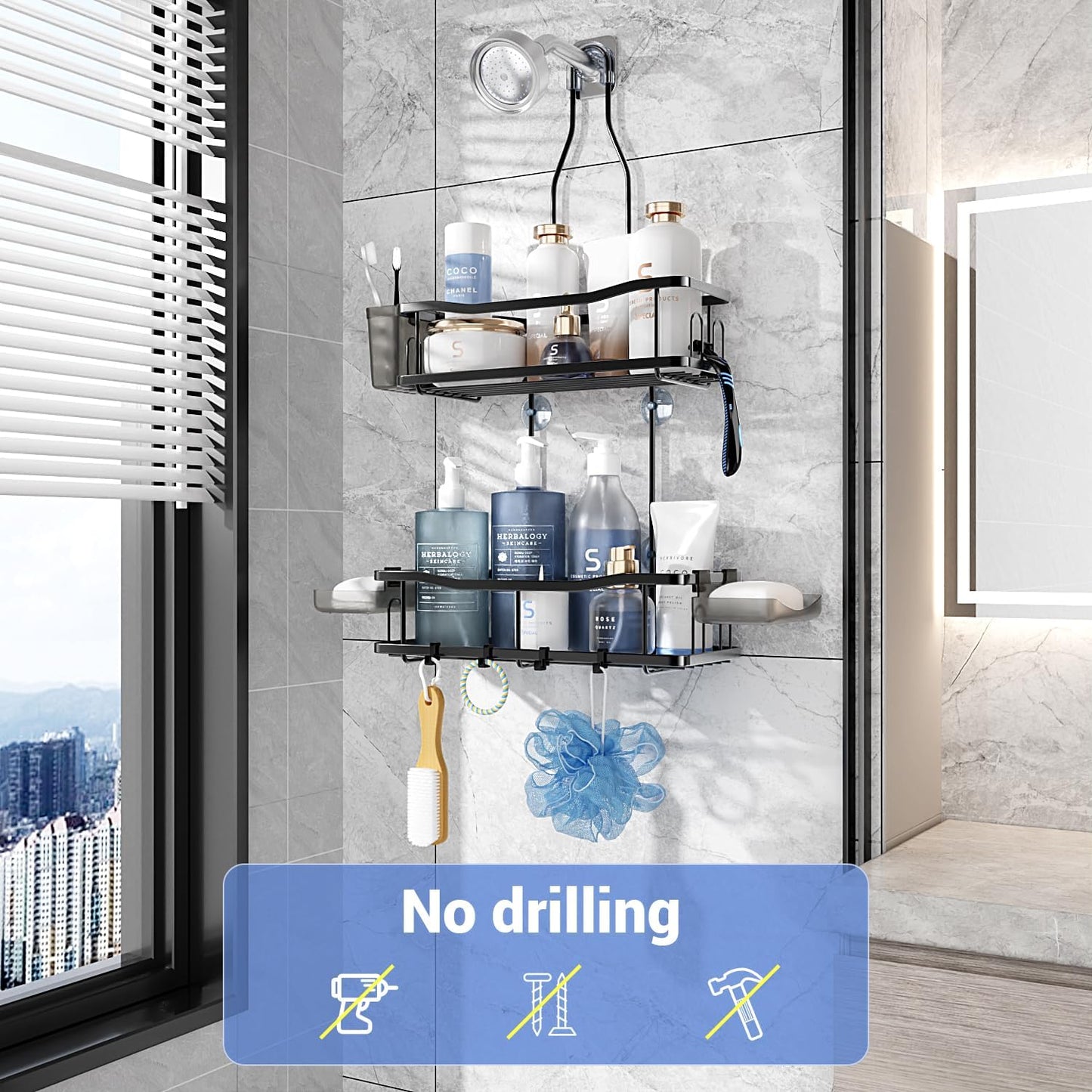 Hanging Shower Caddy Bathroom Organizer: Rustproof Shower Shelf Racks Over Shower Head - No Drilling