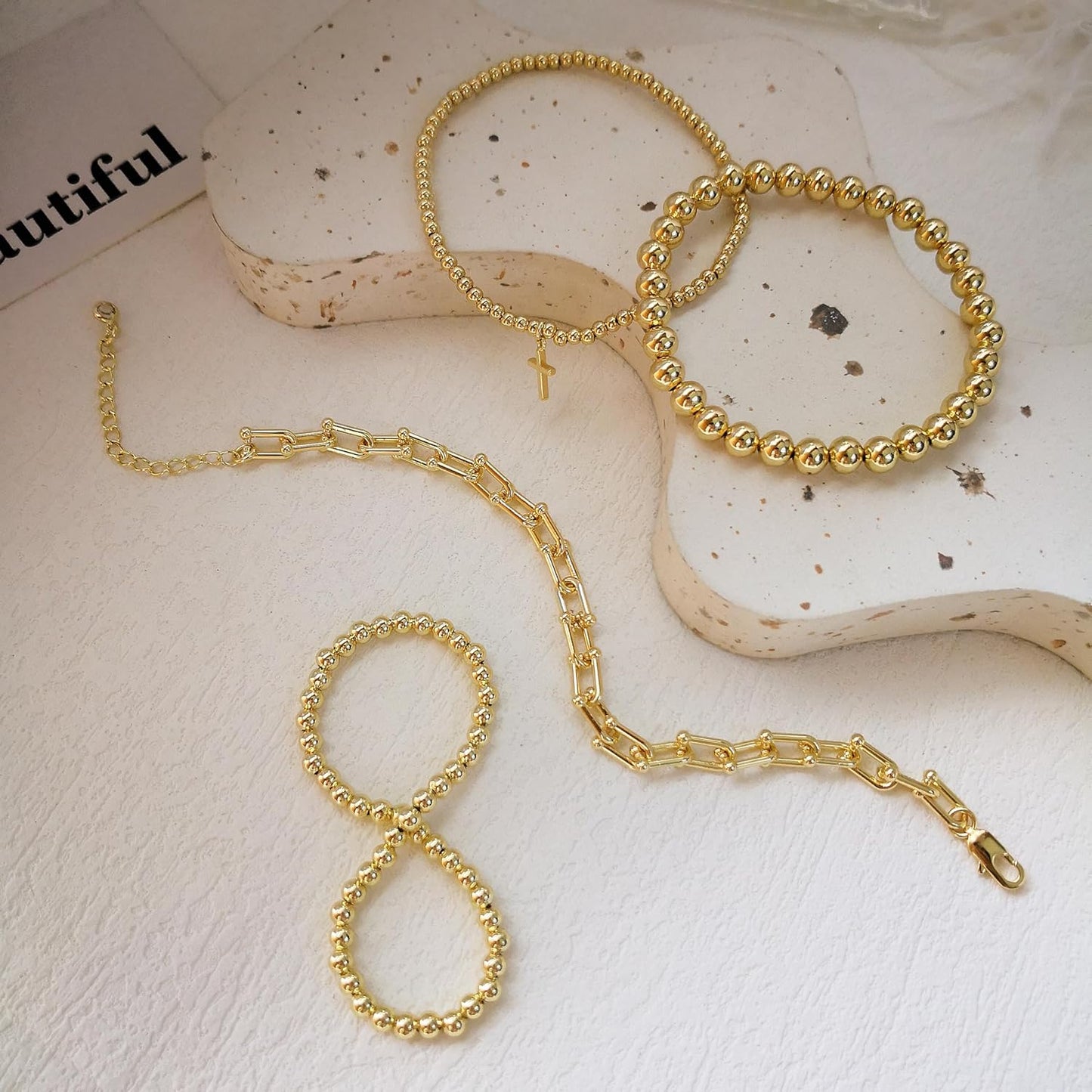 Gold Bracelets for Women 14K Gold Plated Cross Bracelet Strand Bead Ball Bracelets stack Set Chunky Chain Bracelet Trendy