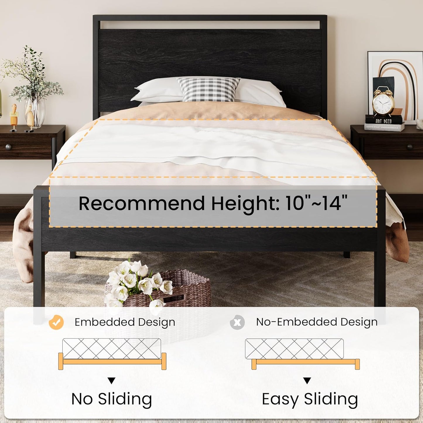Twin Size Metal Platform Bed Frame with Wooden Headboard and Footboard, Mattress Foundation, No Box Spring Needed