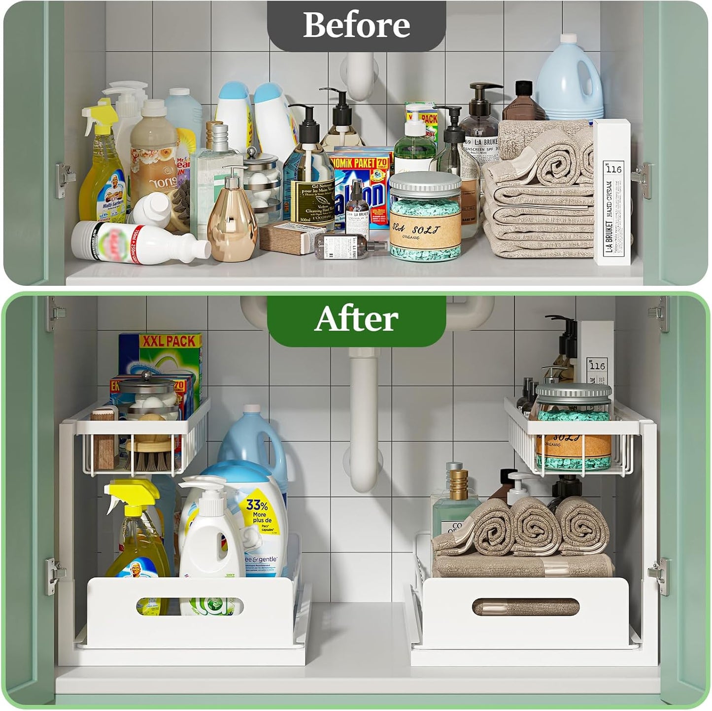 Under Sink Organizer, Pull Out Cabinet Organizer 2 Tier Slide Out Sink Shelf Cabinet Storage Shelves,2 Pack