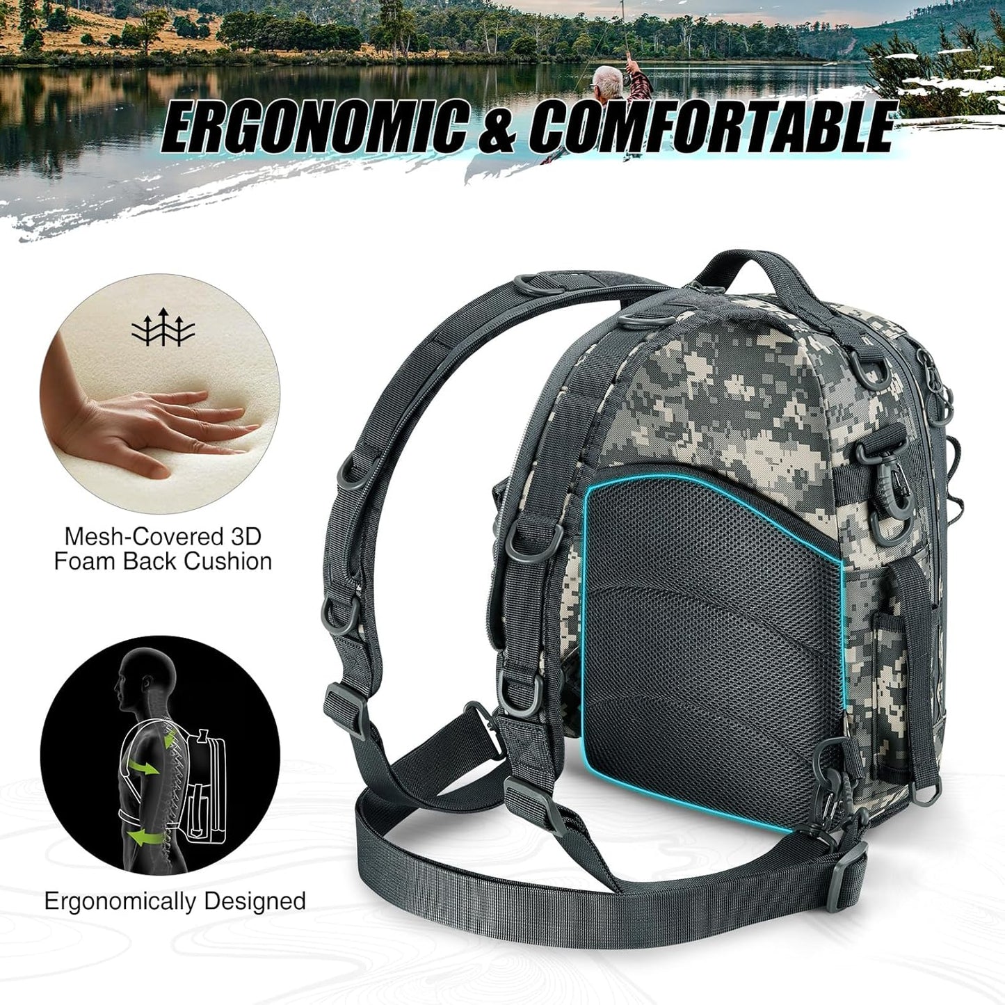 Fishing Backpack with Rod Holder, Lightweight Sling Bag Storge Gear and Equipment