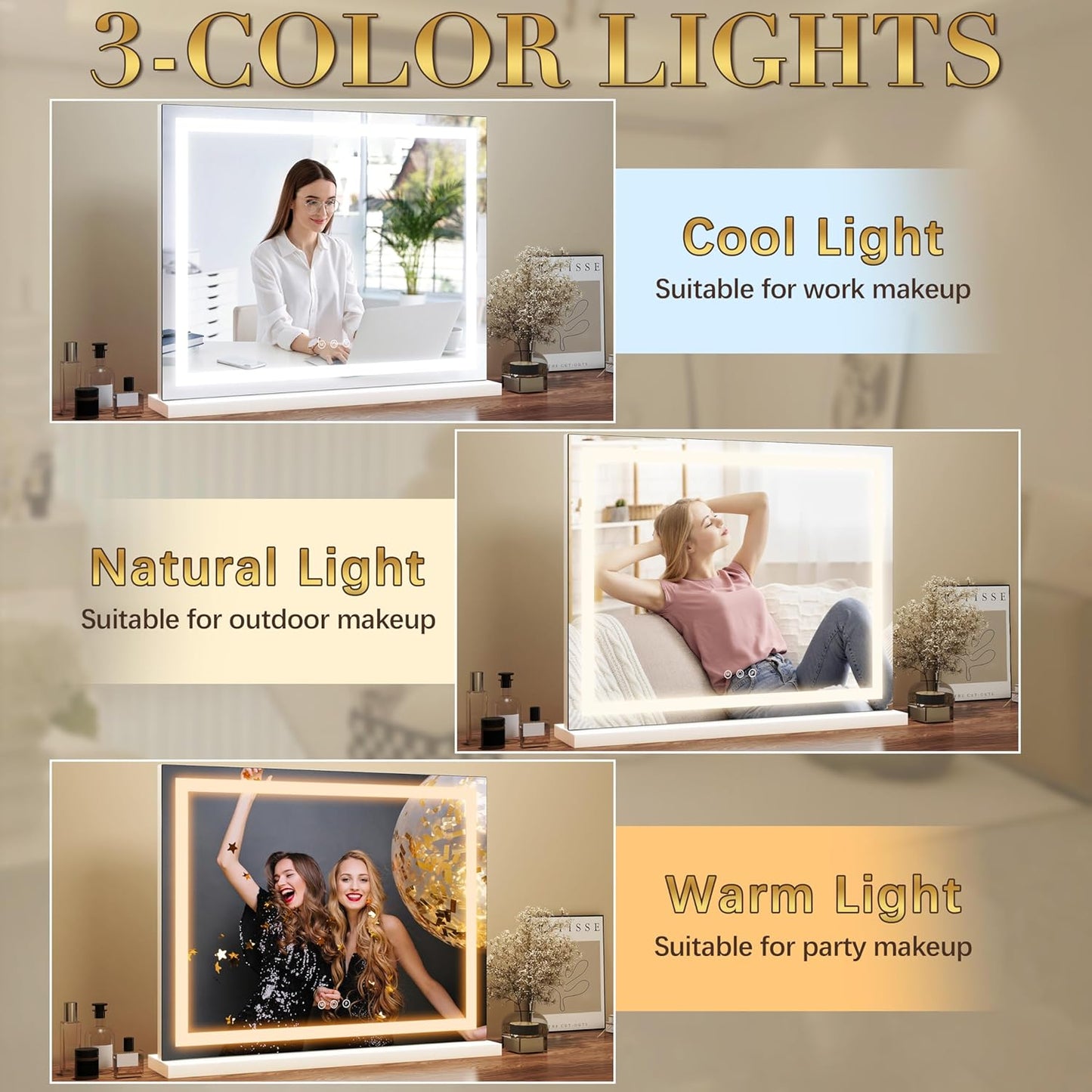 3-Color Dimmable LED & Touch Control - Large Makeup Mirror for Dressing Room (Wall/Tabletop Mount)