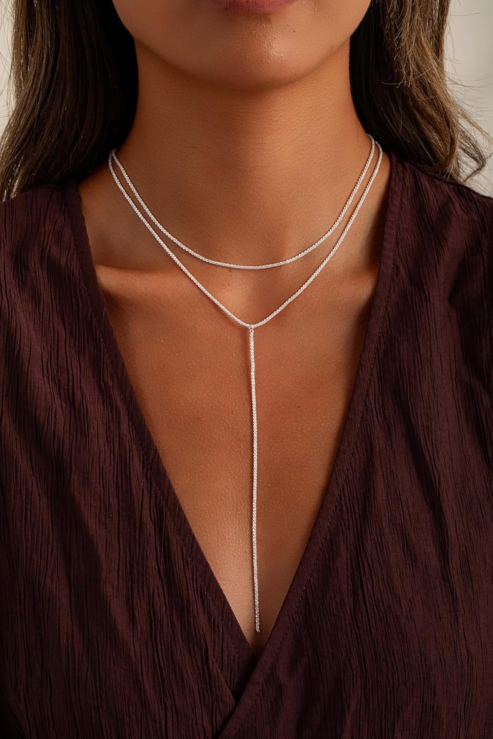 Two-Tone Gold & Silver Y Necklace, Layered Dangle Statement Body Chain For Women, Beach Boho Cleavage Jewelry For Vacation Or Prom