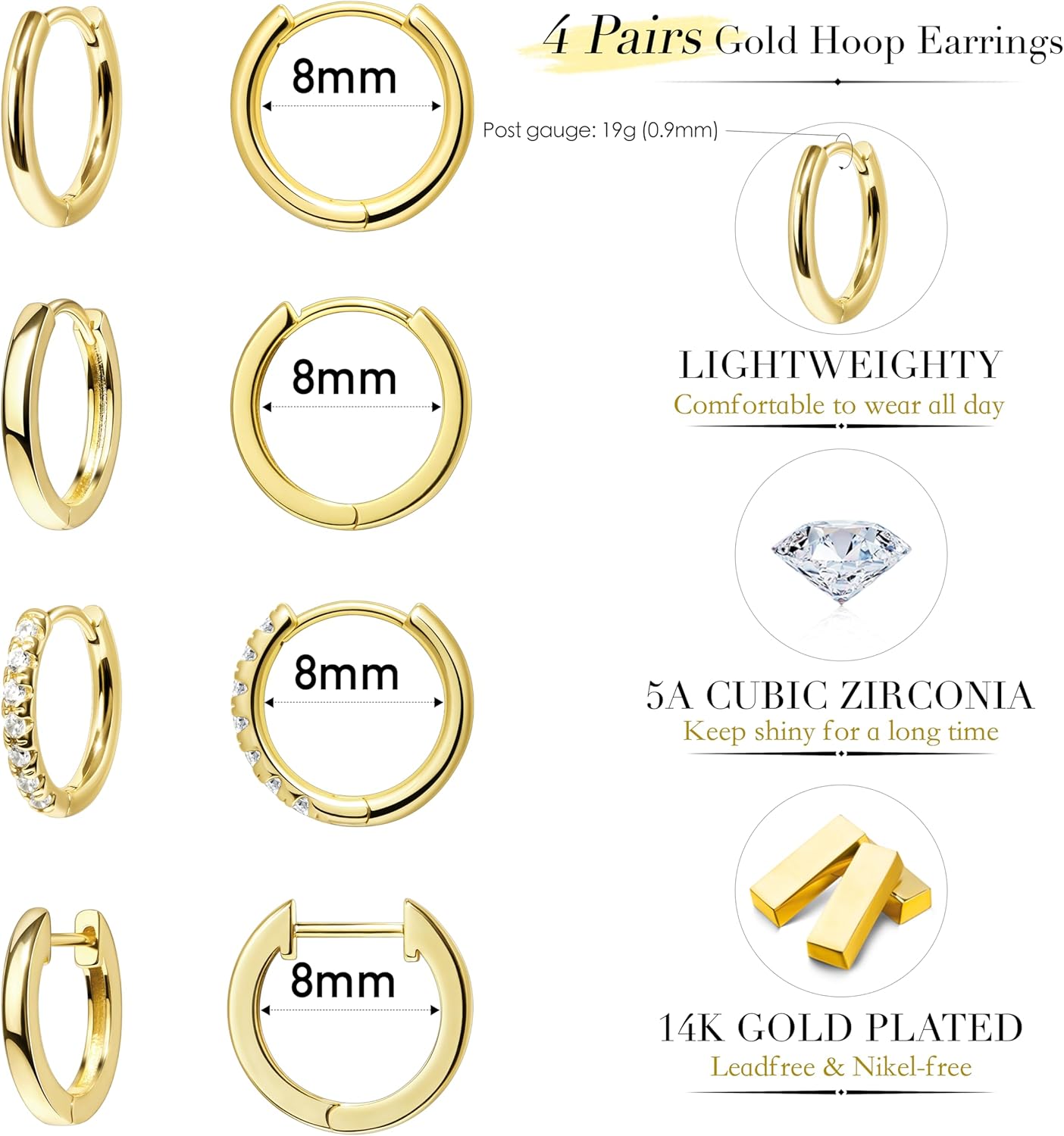 Small Gold Huggie Hoop Earrings Set for Women Men Hypoallergenic 14K Plated Stack Cartilage Earrings, Multiple Piercing