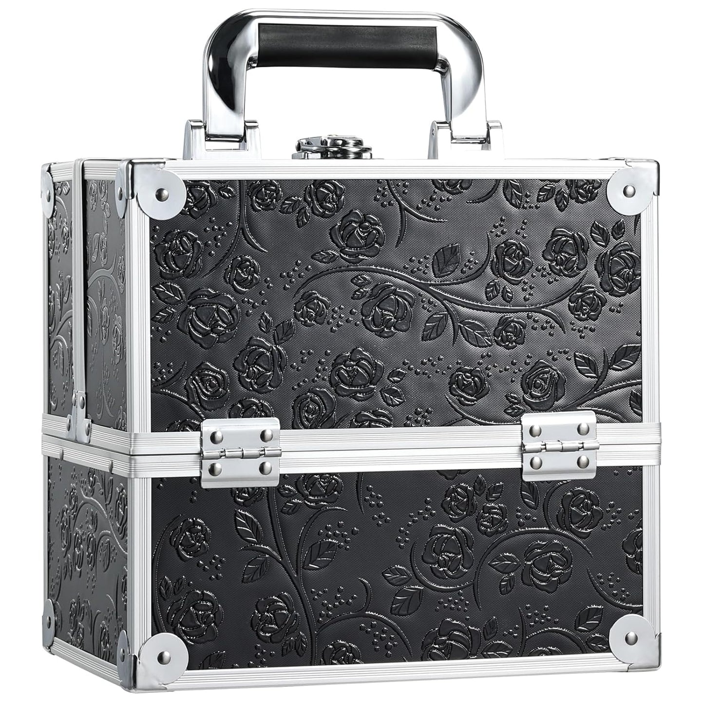 Makeup Organizer Box Portable Cosmetic Travel Case with Lock 4 Trays Aluminum Hard Vanity Box