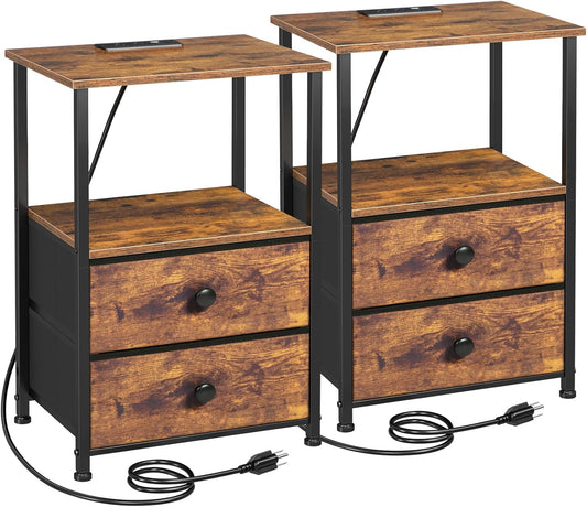 Set 2 Nightstand with Charging Station, End Tables with Storage Shelf , Bedside with 2 Fabric Drawers