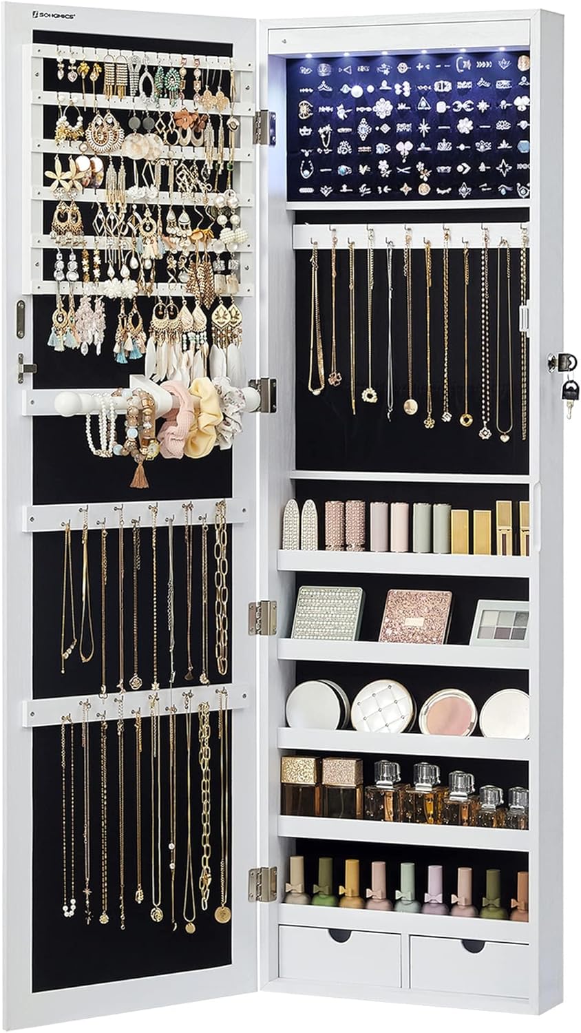 6 LEDs Mirror Jewelry Cabinet, Tall Lockable Wall or Door Mounted Jewelry Armoire Organizer