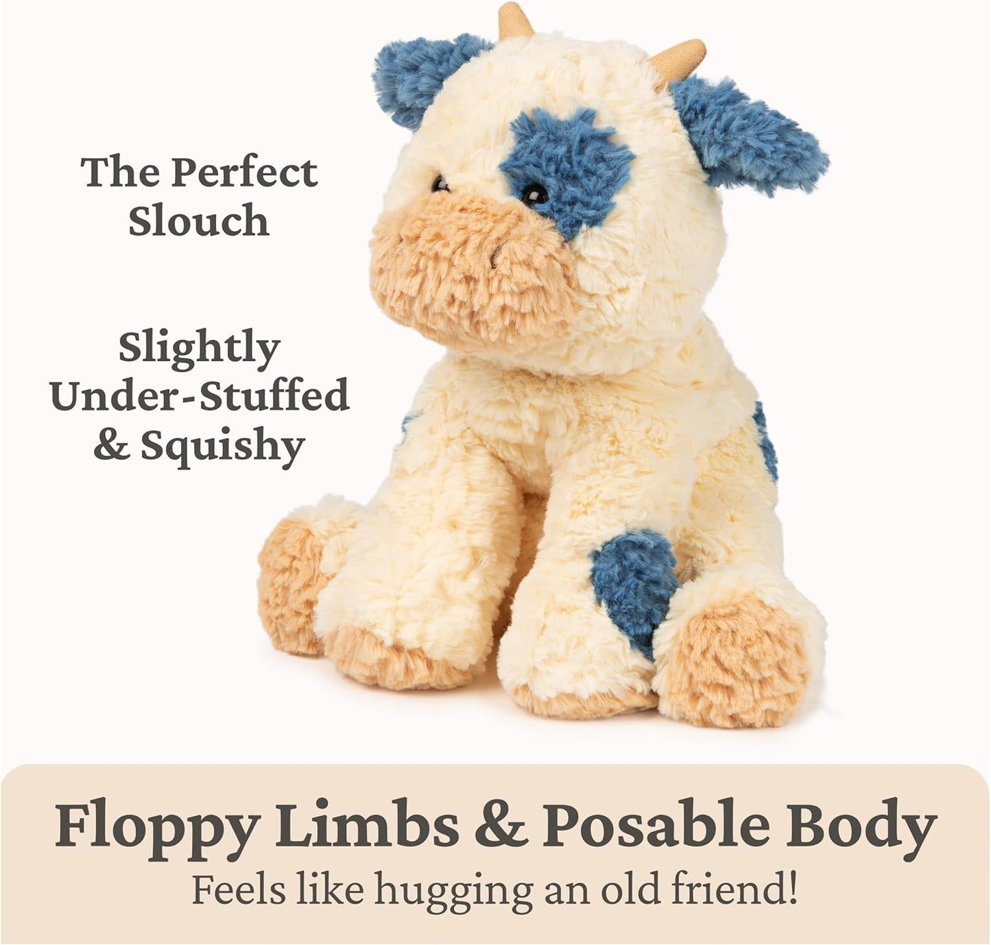 OMOMMD Cozys Collection Cow, Stuffed Animal for Ages 1 and Up, Spring Decor Plush Toy, Cream/Blue, 10”