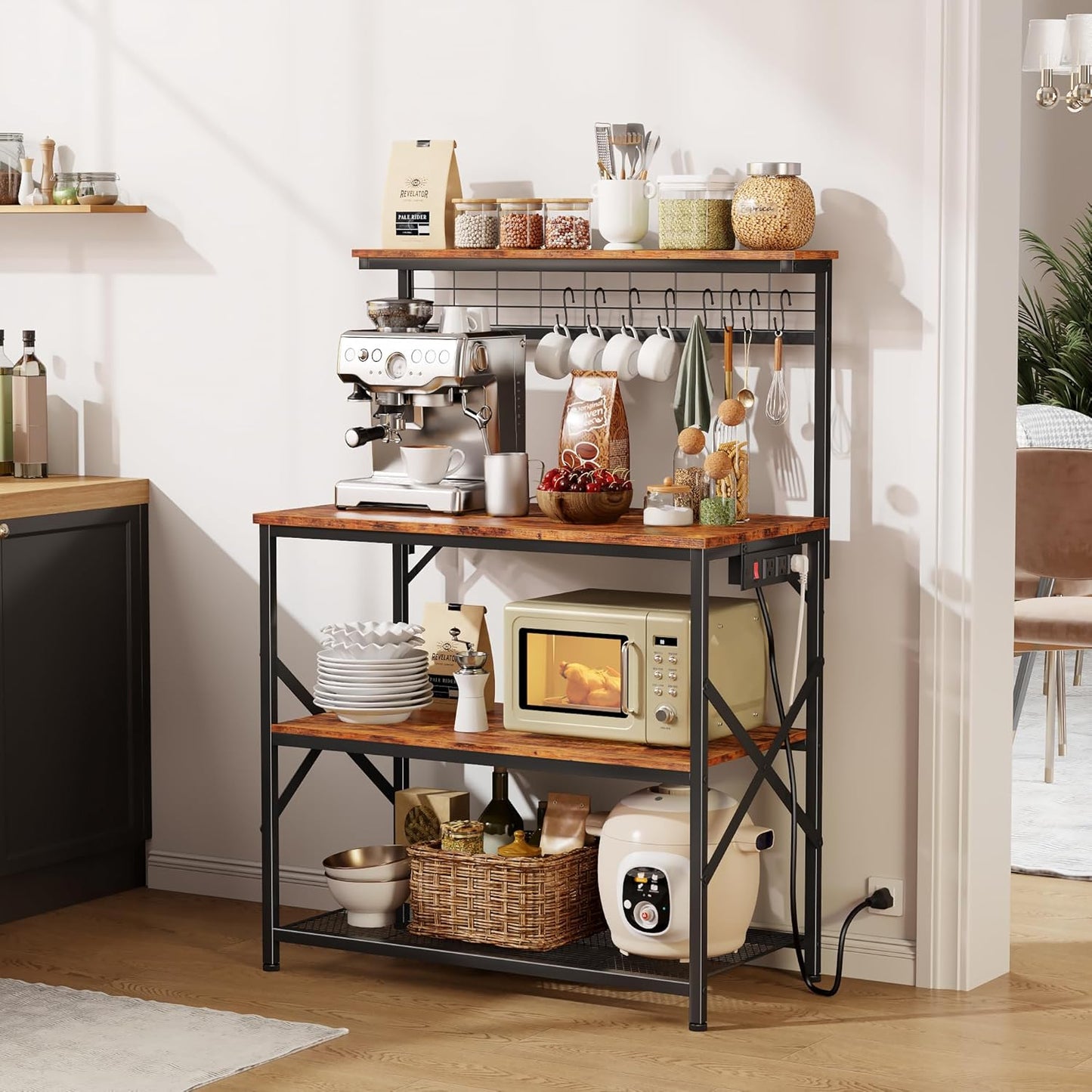 Coffee Bar Station with a 31.5 Inch Larger Desktop and 8 S Hooks,Kitchen Microwave Rack for Spices,Pots
