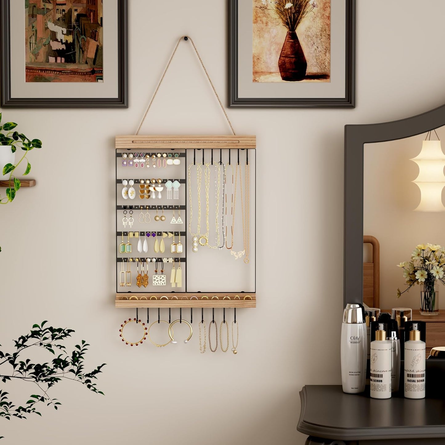 Hanging Jewelry Organizer, 5-Tier Wall Earring Holder with Wooden Ring Groove, Jewelry Rack Wall Mounted
