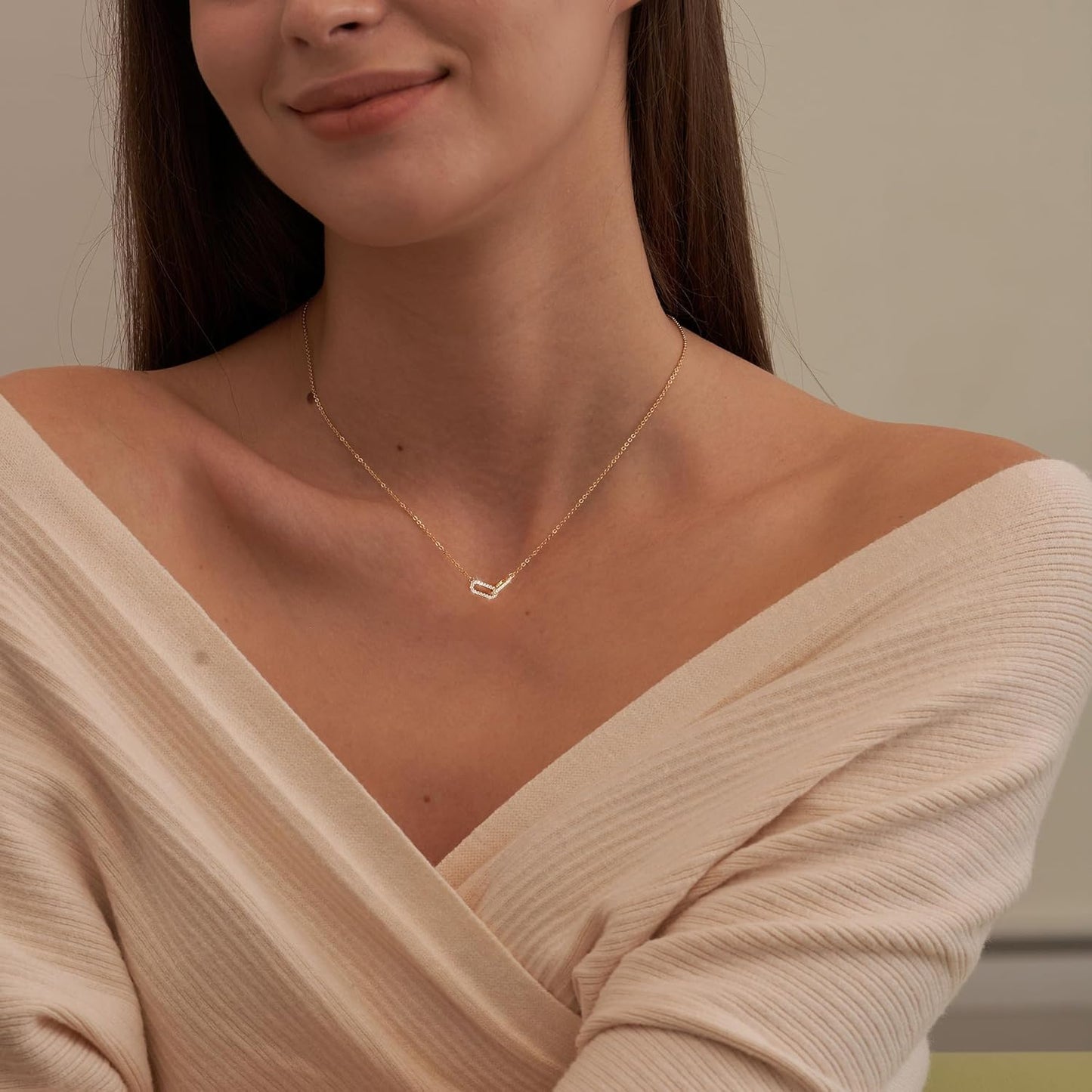 "Freekiss Gold Pendant Necklace for Women - Dainty 14K Gold Plated Paperclip Choker, Minimalist Open Oval Diamond Necklace, Cute Jewelry Gift"