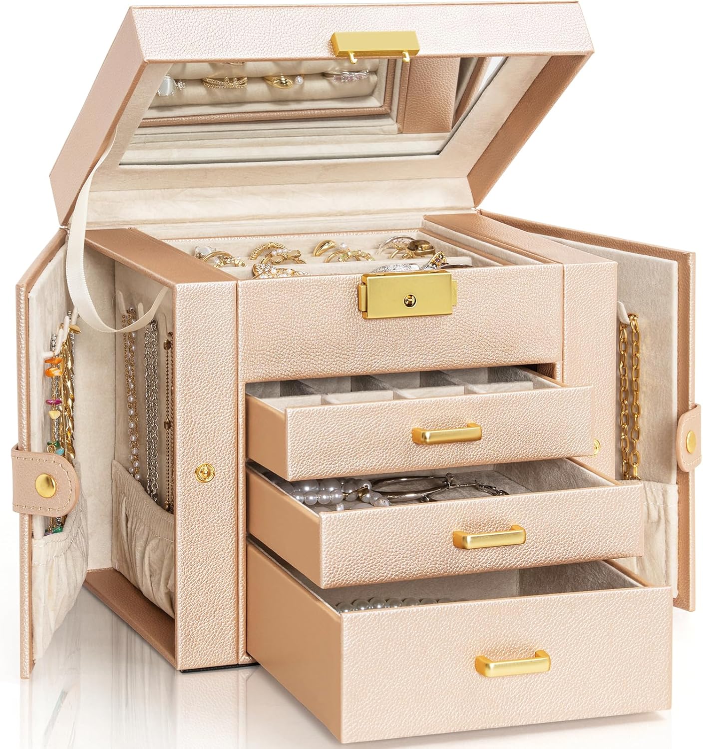 4-Tier Jewelry Box Leather Jewelry Storage Organizer with 3 Drawers Lockable