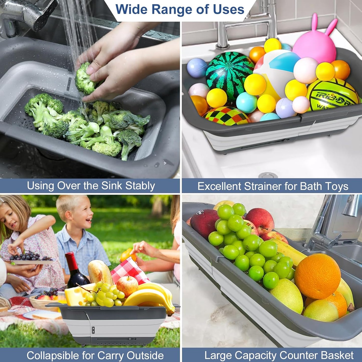 Collapsible Colander Strainer, Expandable Over the Sink Colander for Kitchen, Adjustable Silicone Sink Strainer