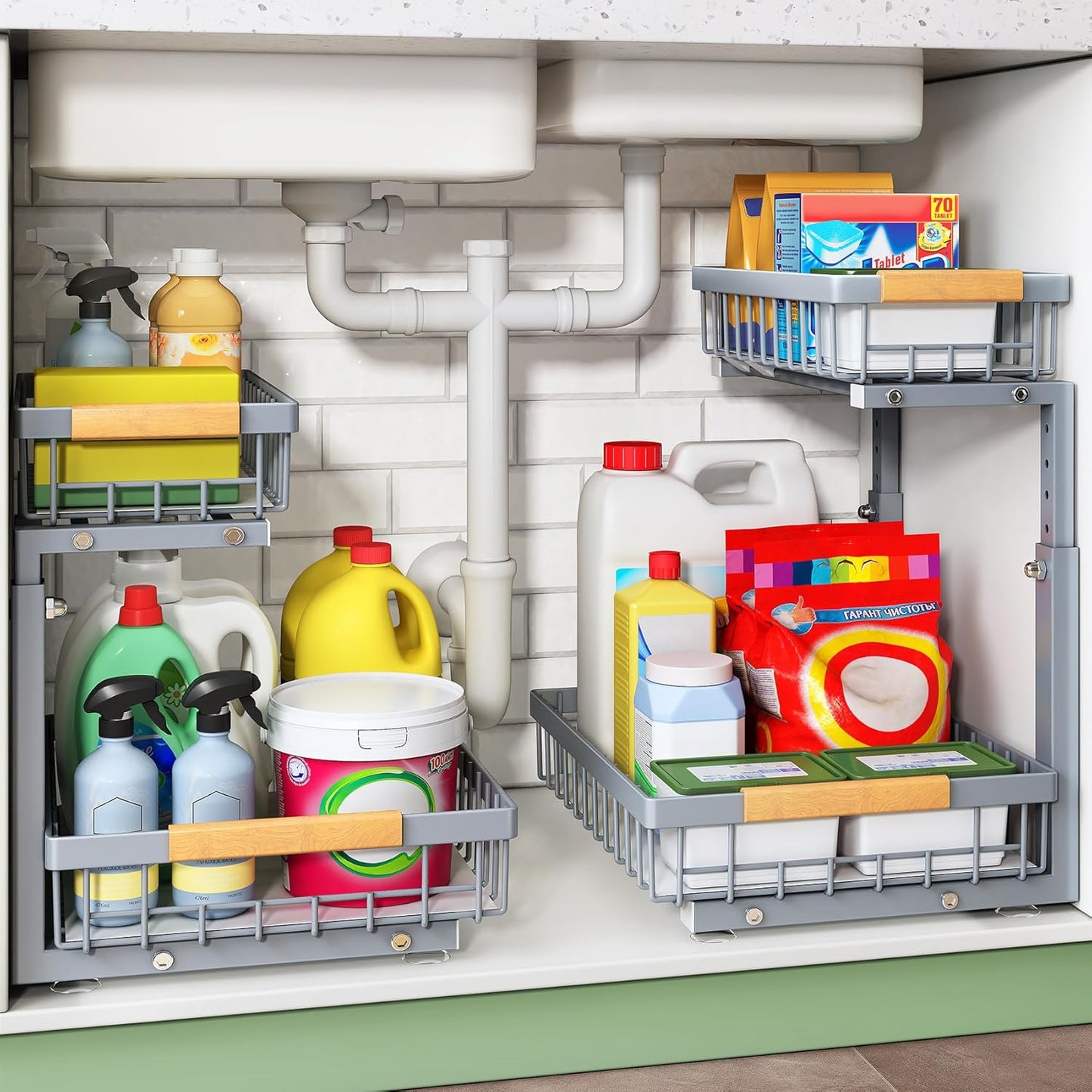 Under Sink Organizer, 2 Packs 2 Tier Under Sink Organizers , Slide out Pull out Cabinet Organizer Shelf