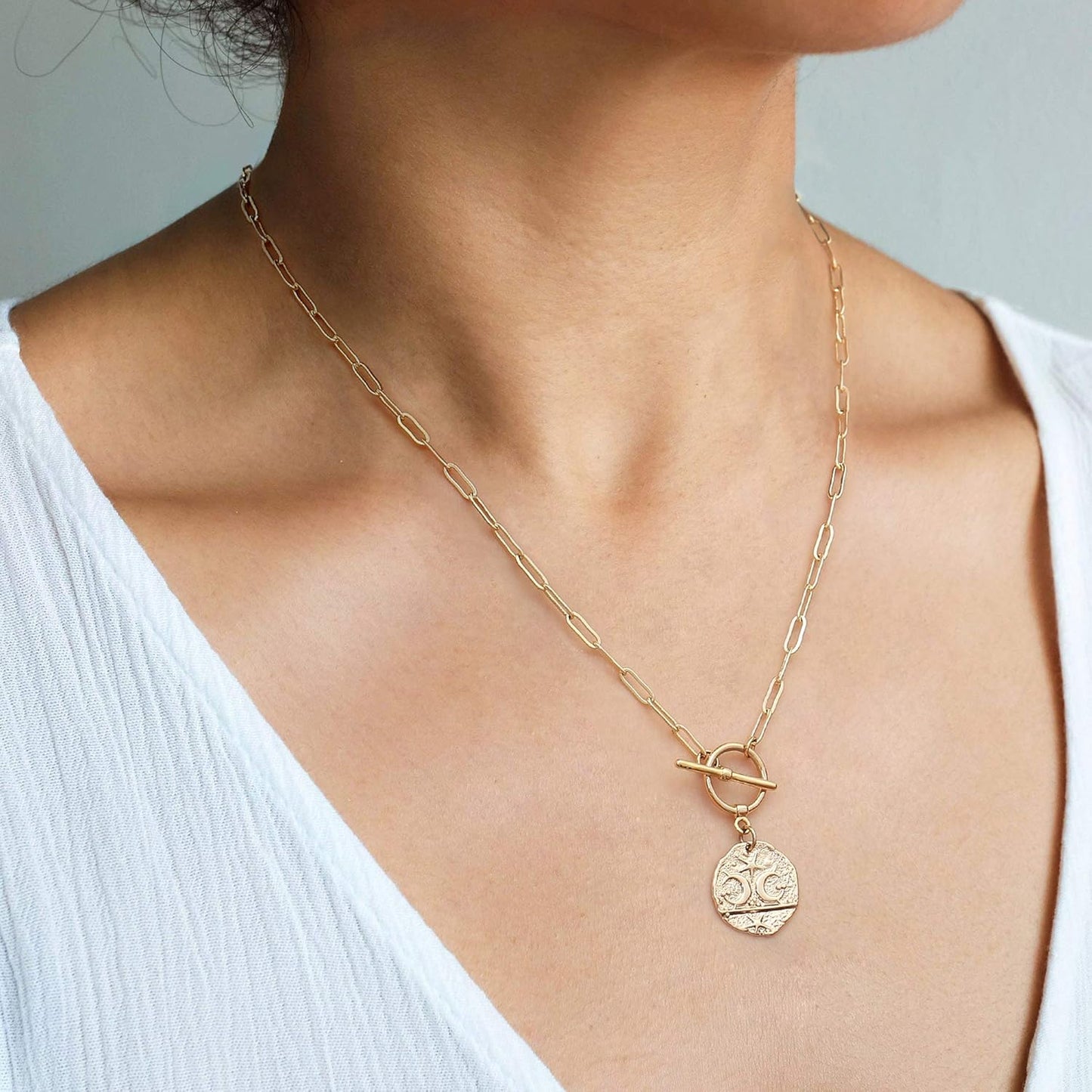 "18K Gold Plated Pendant Necklace, Moon Star Lion Evil Eye Heart Cross Charms, Paperclip Chain Choker, Dainty Layering Jewelry for Women"