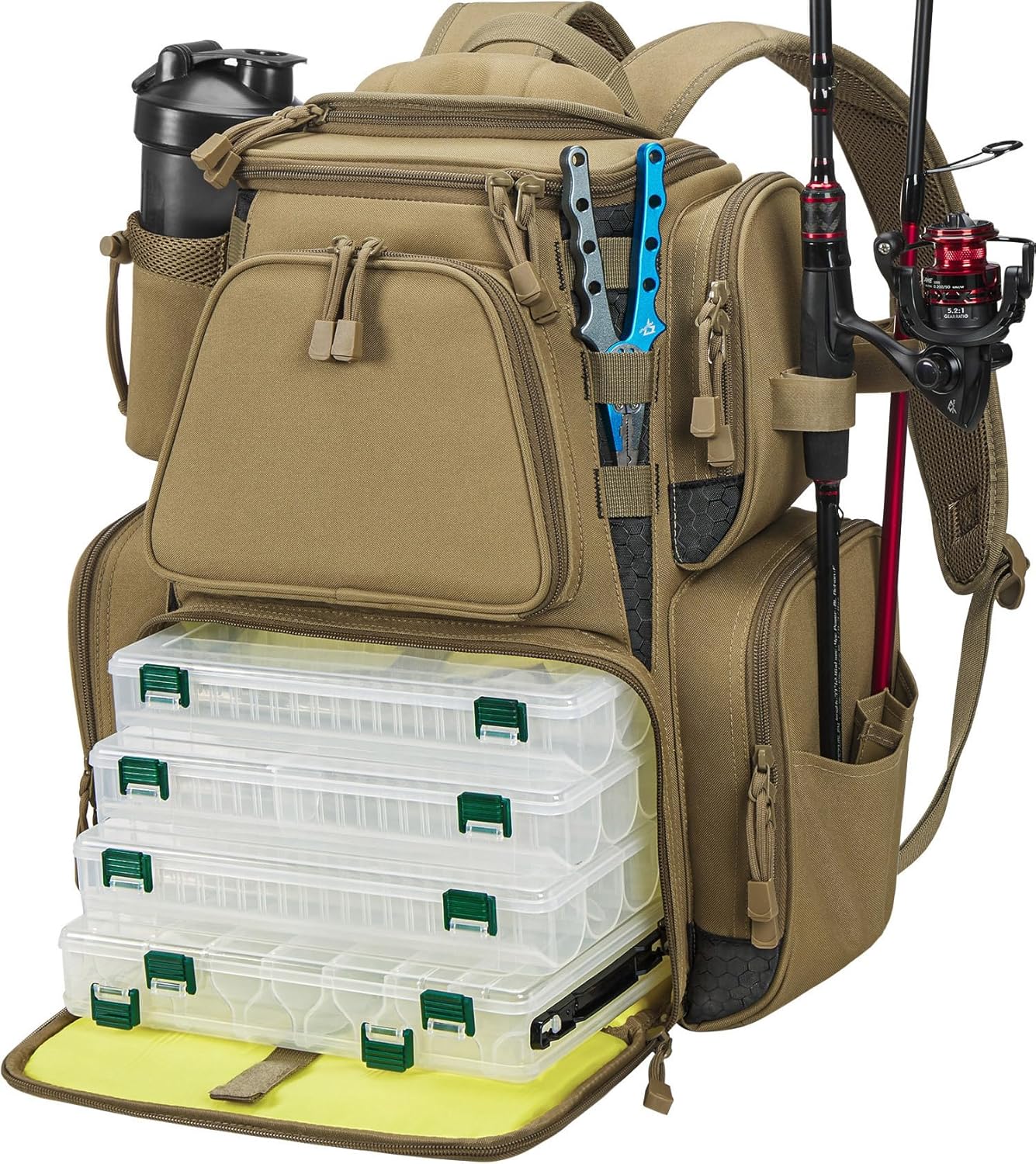 with 2 Rod Holders & 4 Tackle Boxes, Large Tackle Storage Bag With Rain Cover for Fishing Gear