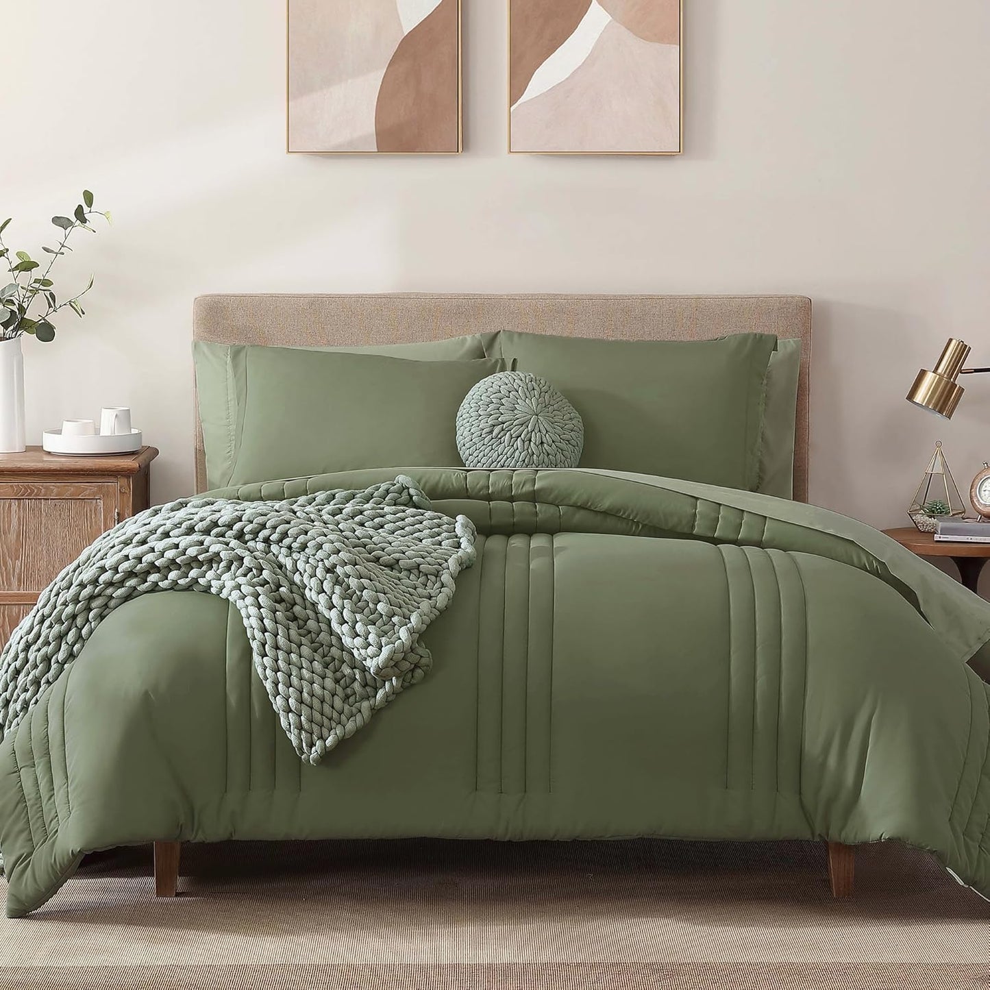 Queen Comforter Set - 7 count Beige Bed in a Bag Queen Bedding Sets , All Seasons