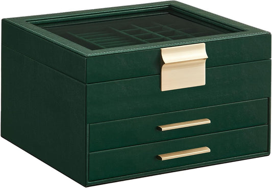 Jewelry Box Organizer with Glass Lid, 3-Layer Jewelry Storage, with 2 Drawers, Modern Style, Forest Green and Gold Color