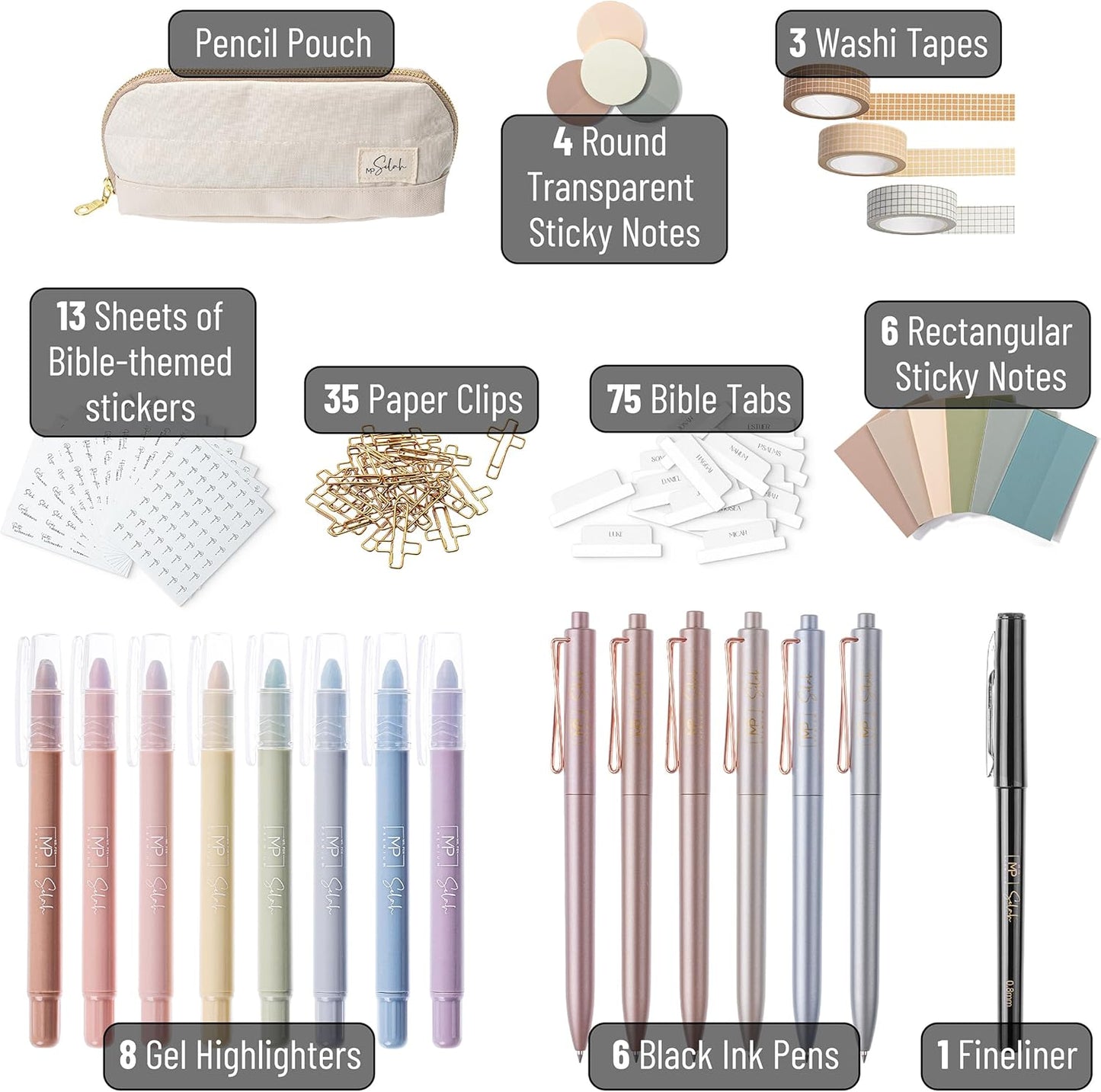 OMOMMD - Bible Journaling Set (Selah Collection), Highlighters and Pens No Bleed, Scripture Markers, Washi Tape, Bible Tabs