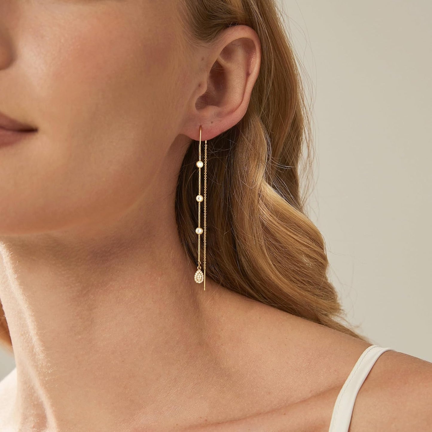 Dangle Threader Earrings for Women: Dainty 14k Gold Plated Drop Long Chain Earrings Trendy  Non Tarnish Elegant Cubic