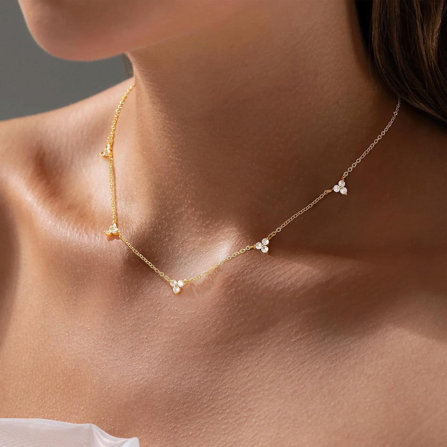 4K Gold Plated Charm Choker Necklace with Pearl & Clover, Cubic Zirconia Dainty Trendy Jewelry Gift for Women