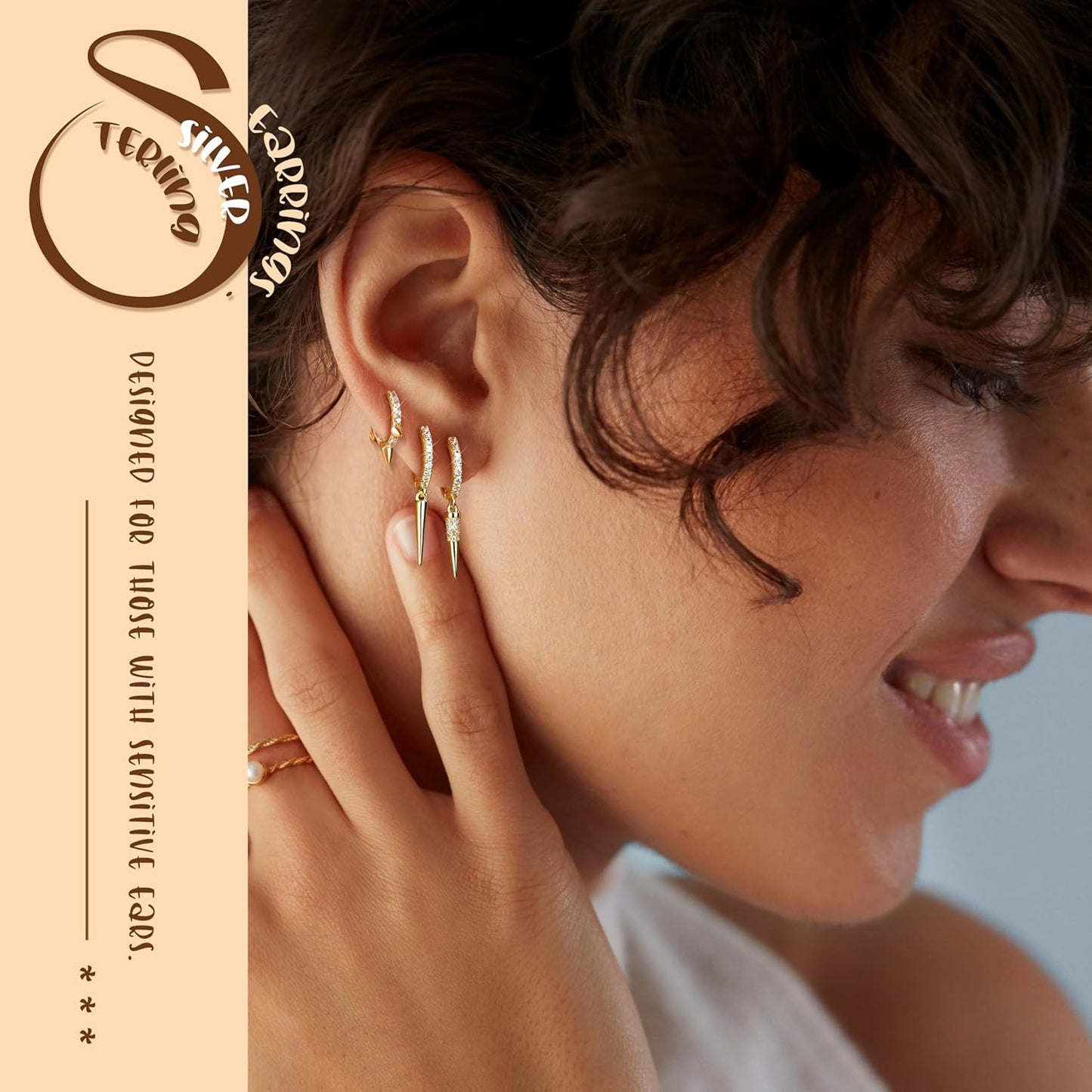 3Pairs 925 Sterling Silver, 14K Gold Plated Small Huggie Hoop Earrings Sets for Multiple Piercing CZ Cartilage Earrings Stacks