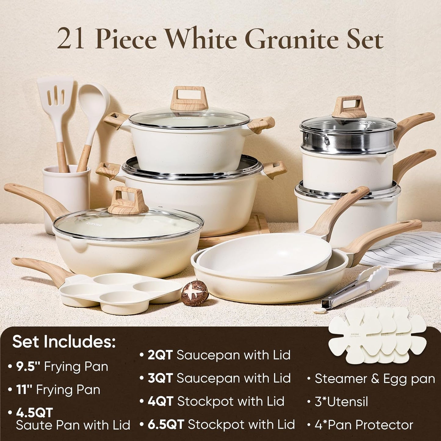 21-Pc White Granite Nonstick Pot and Pan Set for Induction Cooktops
