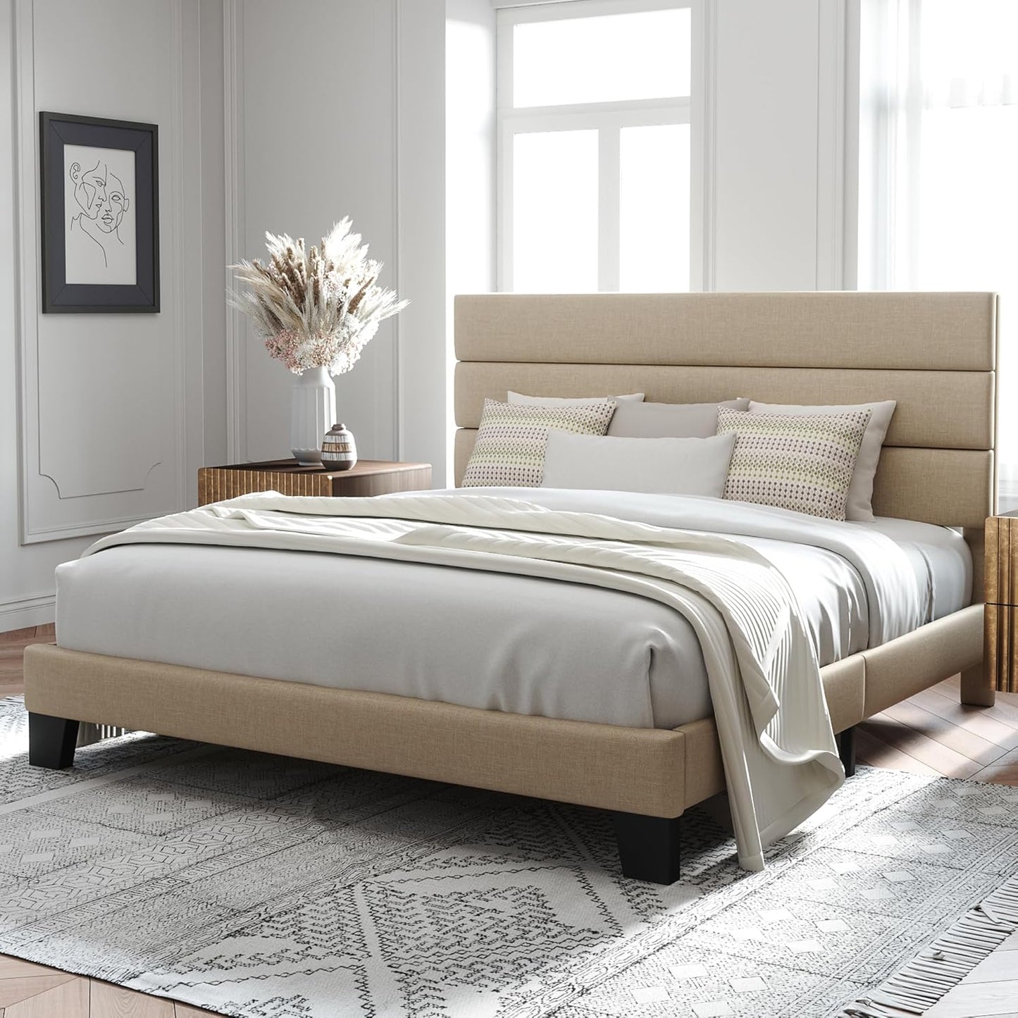 King Size, Platform Bed Frame with Fabric Upholstered and Wooden Slats Support, /No Box Spring Needed