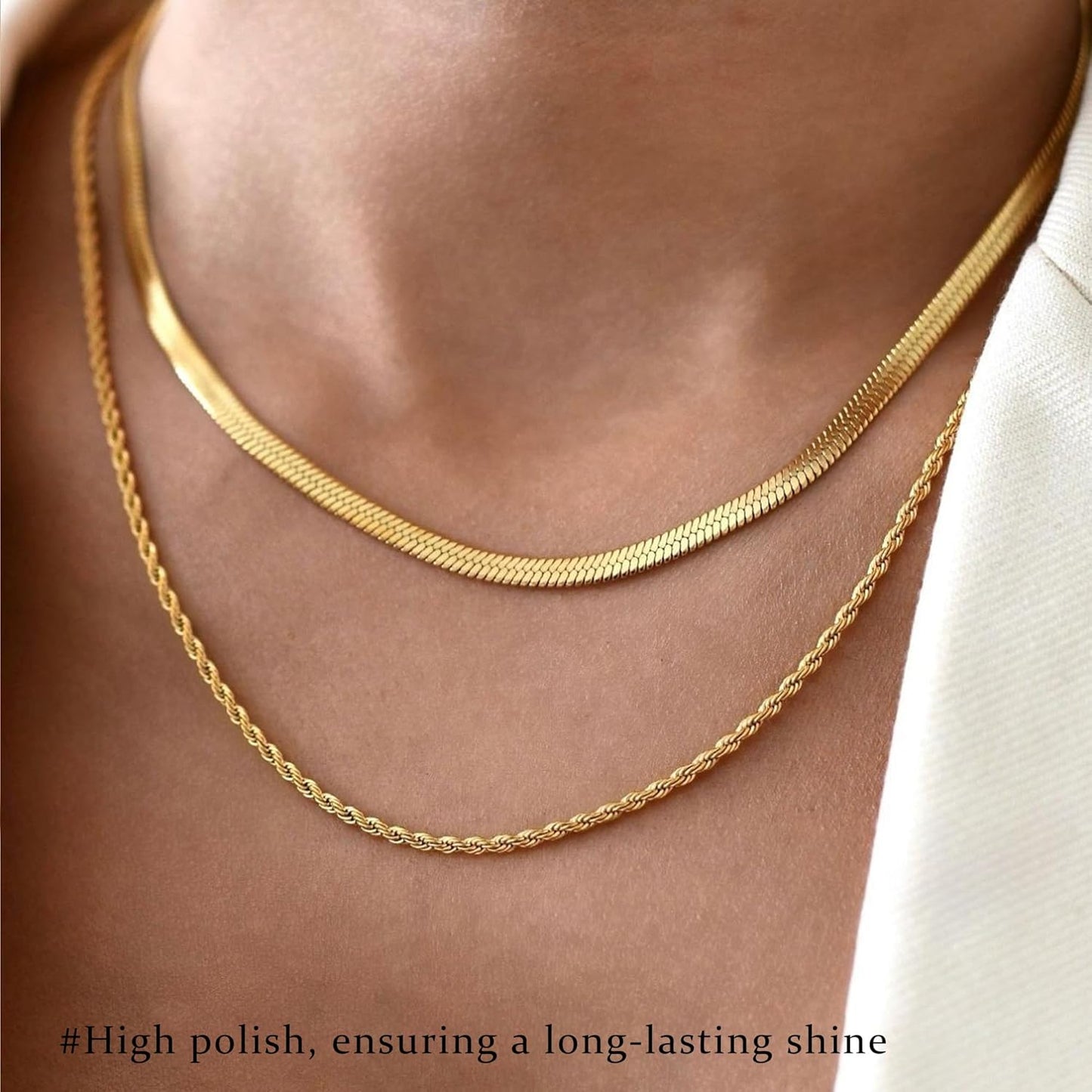 14K Gold Plated Layered Necklace Set - 3Pcs Cuban/Herringbone/Paperclip Chains, Stackable Gift
