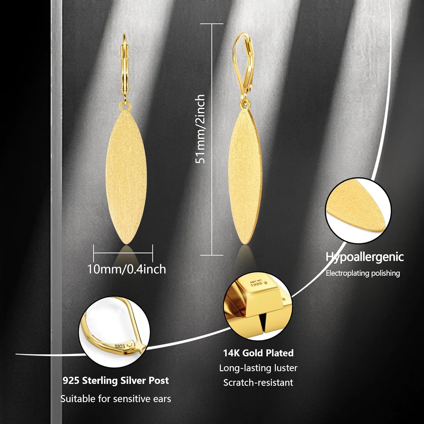 Sterling Silver Leaf Dangle Earrings for Women Trendy 14K Gold Plated Drop Earrings Hypoallergenic Leaf Shaped