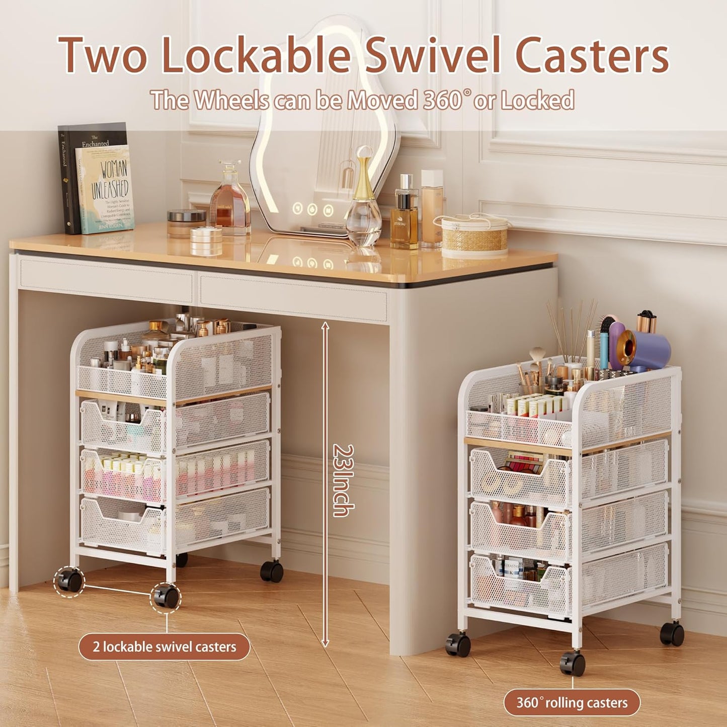 Rolling Makeup Cart Organizer with 3 Drawers, 4-Tier Narrow Floor Skincare Organizers with dividersr
