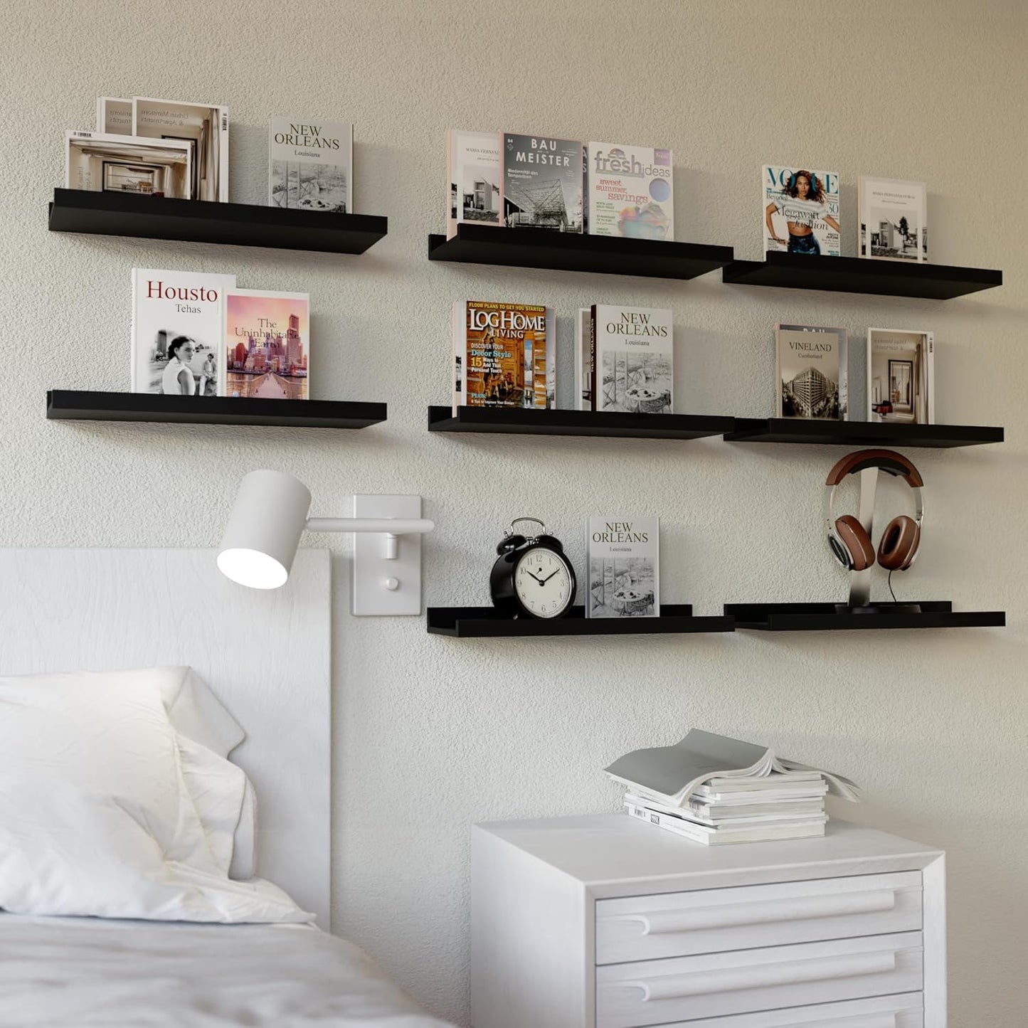 Floating Wall Mounted Shelves, 8count Set with Lip - Black  Book Shelves for Bedroom